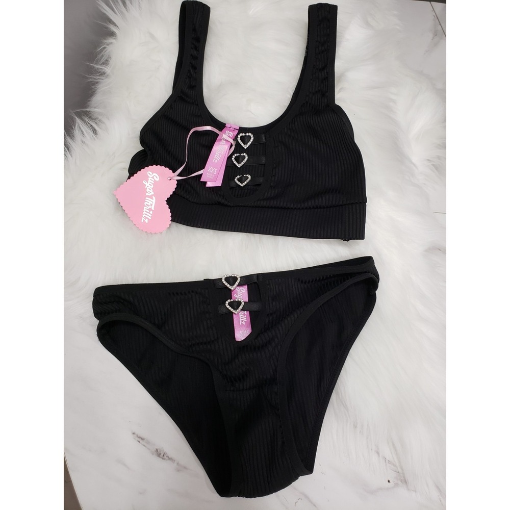 XXS Dolls Kill Sugar Thrillz Lingerie rhinestone bra panty cheeky heart set